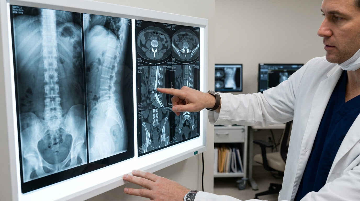 Orthopedic surgeon pointing to spinal disc trauma on illuminated digital radiography