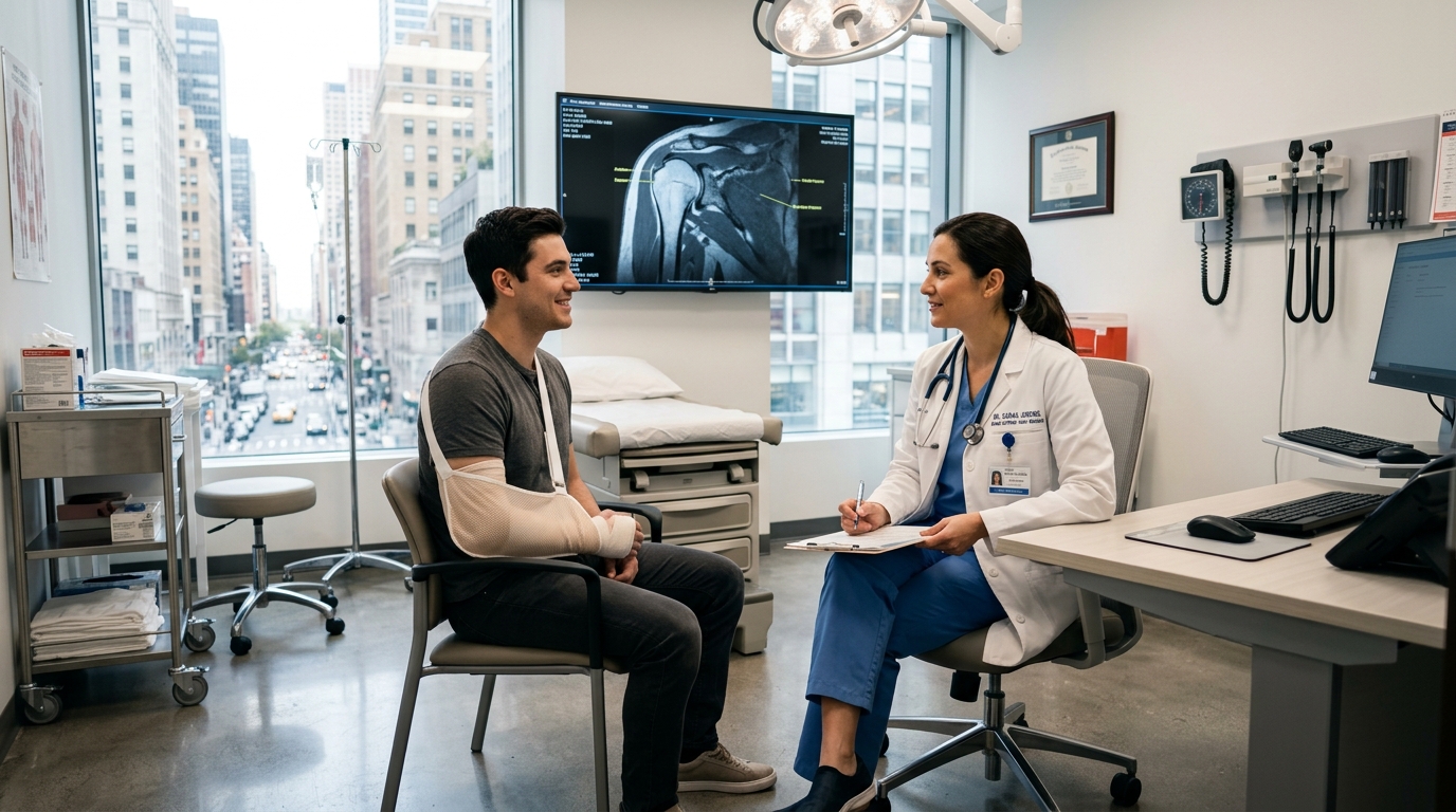 Accident patient receiving medical consultation and care in New York