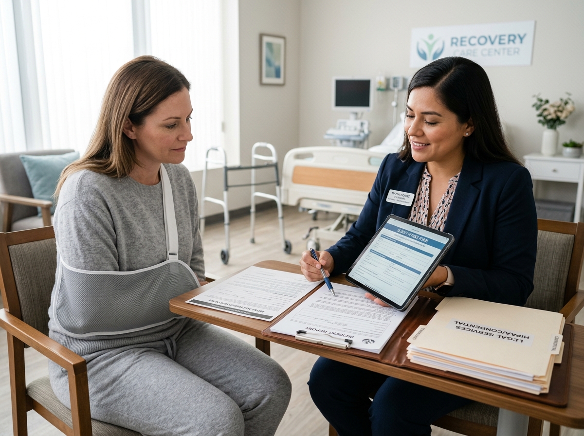 Bilingual field paralegal conducting bedside client intake and retainer verification