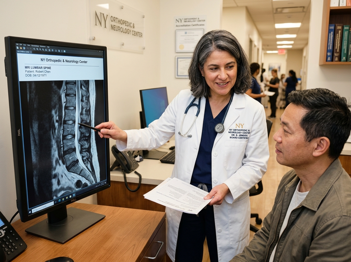 Board-certified orthopedic specialist reviewing lumbar spine MRI diagnostics with an accident patient