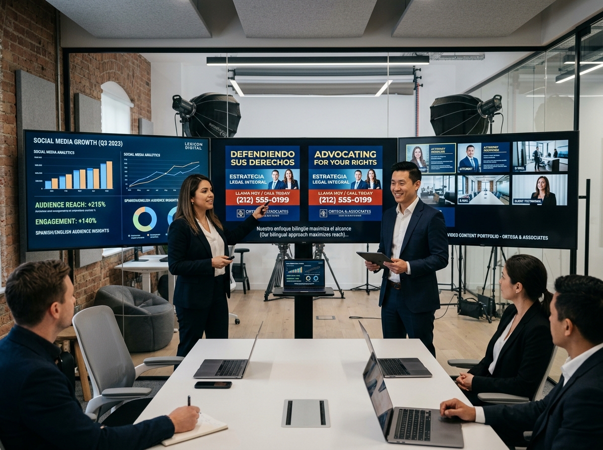 Legal marketing strategists presenting bilingual digital advertising campaigns and analytics