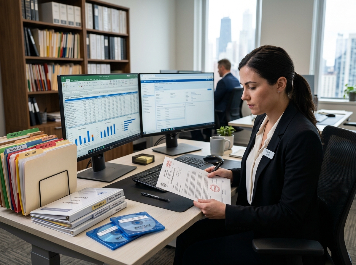 Legal-medical records specialist organizing certified narrative reports and billing ledgers