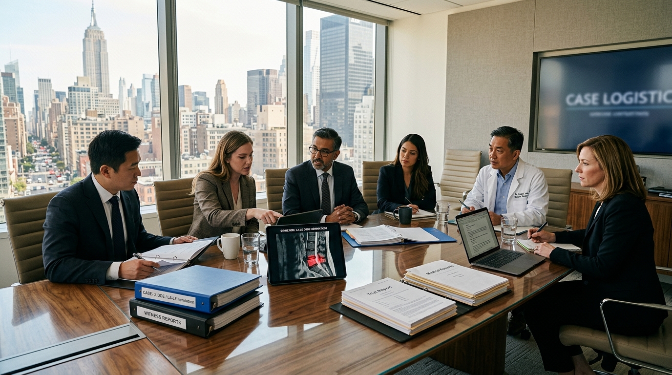 Law firm trial attorneys and medical case directors reviewing case files in modern conference room