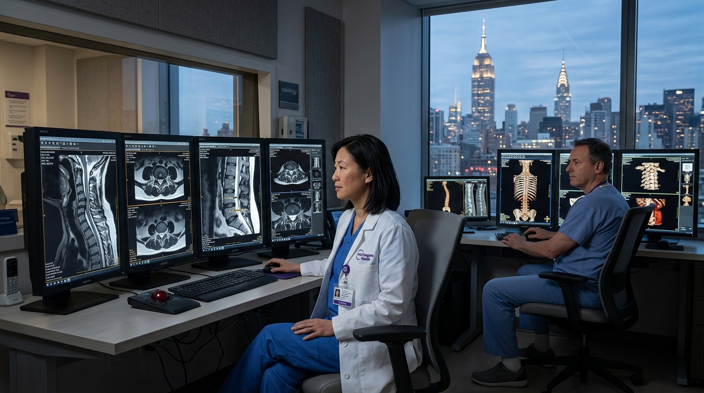 Radiologists reviewing spinal MRI scans and digital imaging on diagnostic workstations
